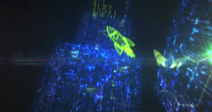 Startup business rocket launch symbol abstract cyber concept. Digital technology background seamless and loopable dynamic 3d animation.