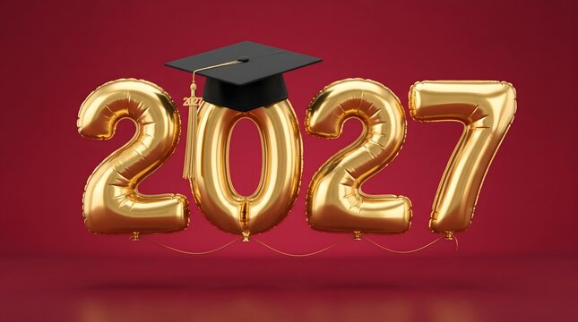 Shiny golden foil balloons carefully shaped to display the year two thousand twenty seven with a classic graduation cap resting on top against a