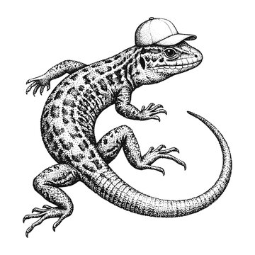 cool lizard wearing a cap engraving reptile sketch, wild animal illustration