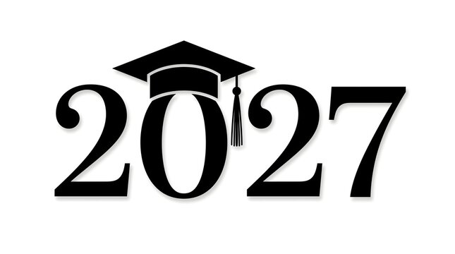 The graduating class of twenty twenty seven is visually represented with large bold numbers and a graduation cap atop the zero symbolizing celebration
