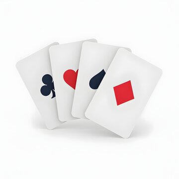 Playing cards suit set showing heart diamond spade and club. Four white cards arranged in a fan shape on a white background. Isolated 3D render