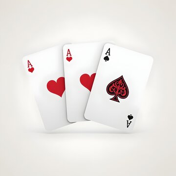 Aces playing cards set. Three ace of hearts and spades cards fanned on white background. Casino gambling and poker game concept illustration