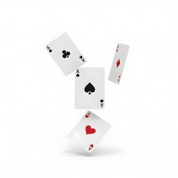 Four aces playing cards falling in air. Spades hearts diamonds and clubs flying on white background. Casino gambling and winning concept photo