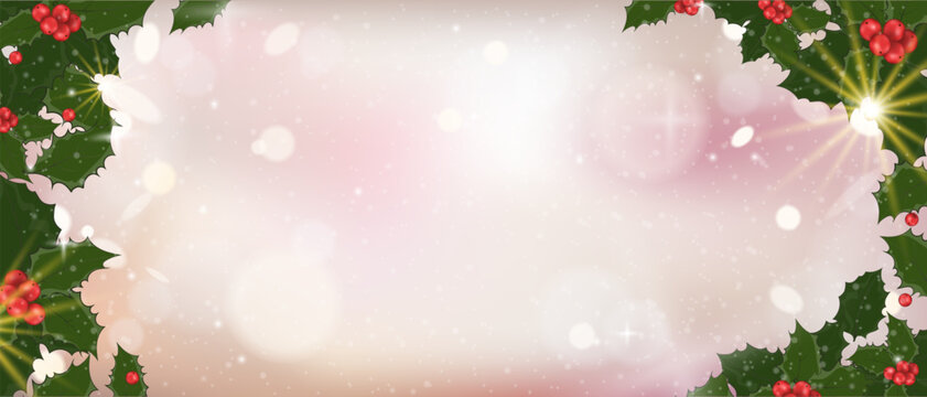 Christmas background with holly leaves and red berries, soft light on pink white backdrop with snow, sparkle and festive frame,Winter holiday vector design with copy space for banner and greeting card
