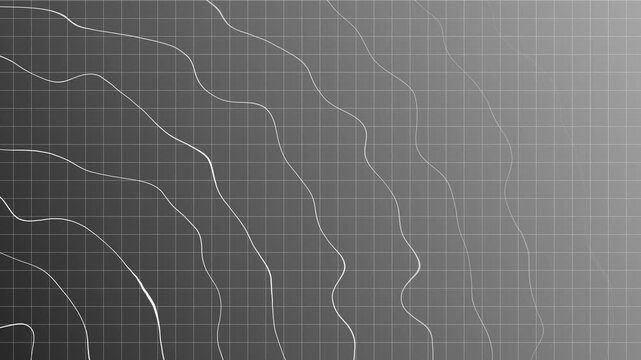 Gray grid background with flowing white wavy lines, modern digital technology pattern