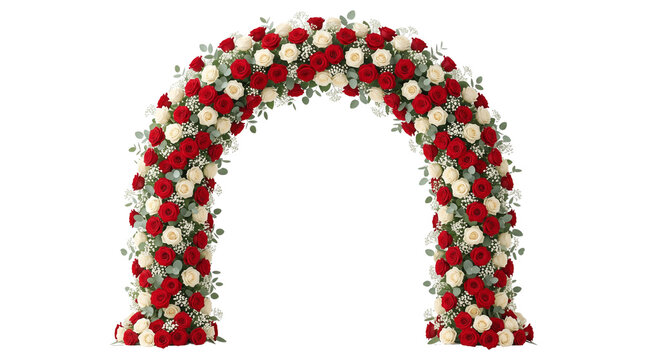 Elegant floral wedding arch with red and white roses. Romantic flower arbor for ceremony decoration. Luxury rose archway with eucalyptus greenery. isolated PNG with Transparent Background