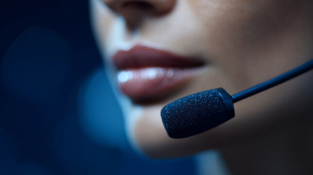 A woman wearing a headset microphone with blue glitter nail polish on her finger
