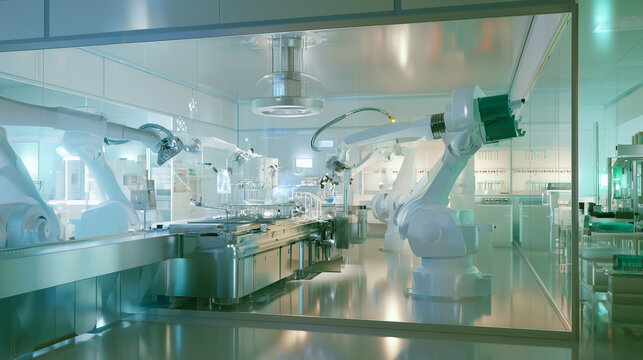 Futuristic smart factory with robotic arms and conveyor system