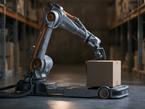 Automated warehouse logistics with robotic arm and box