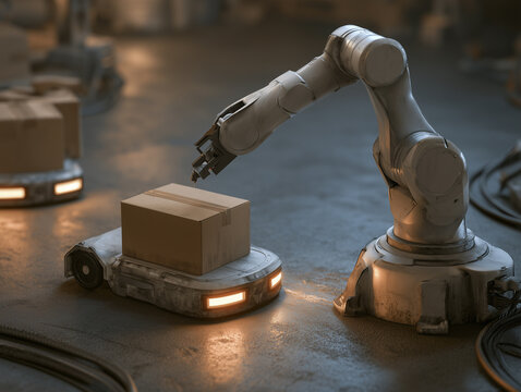 Automated warehouse logistics with robotic arm and box