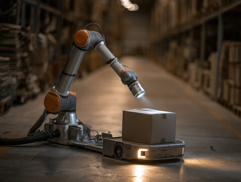 Automated warehouse logistics with robotic arm and box