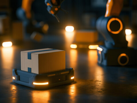 Automated warehouse logistics with robotic arm and box