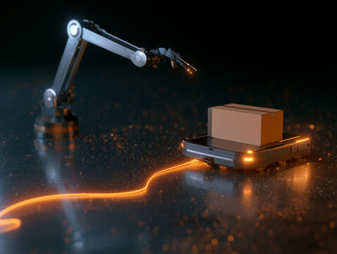 Automated warehouse logistics with robotic arm and box