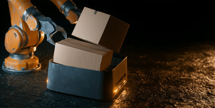 Automated warehouse logistics with robotic arm and box