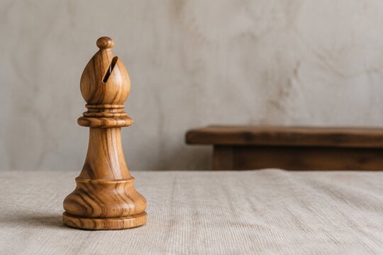 Olive wood chess bishop on linen in artisan workshop