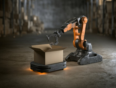 Automated warehouse logistics with robotic arm and box