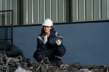 Technician wearing hardhat kneeling and using digital tablet to inspect machine parts on factory floor. © wanakit