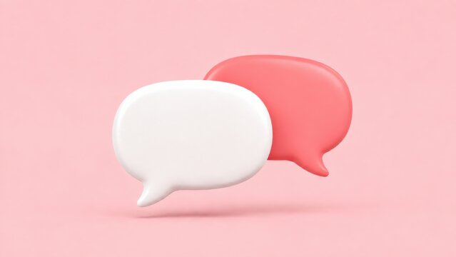 Minimalist white and pink speech bubble 3d rendering icons for digital communication dialogue.