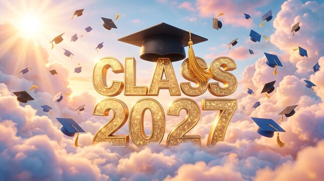 Golden class of 2023 celebratory typography with graduation cap surrounded by falling confetti and bright light background