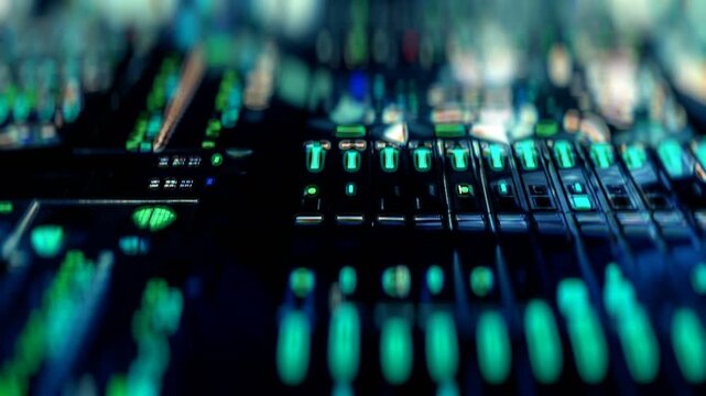 Server room data center background with flashing green led status lights on hardware console rack, cinematic macro tracking shot from left to right of cybersecurity networking computing mainframe
