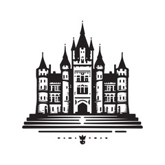Fototapeta premium Minimalist black and white vector illustration of a majestic gothic castle building.