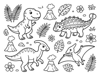 Fototapeta premium Cute prehistoric dinosaurs coloring page for kids with t-rex, ankylosaurus, and parasaurolophus