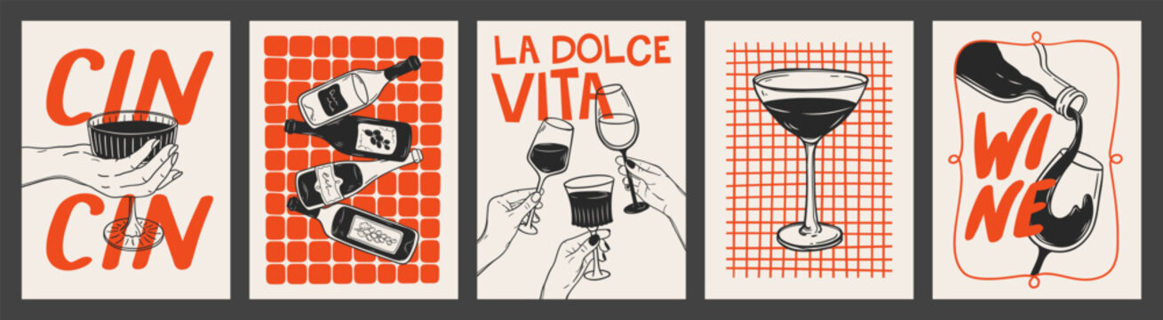 Hand drawn outline posters set of wine with lettering. La dolce vita linear illustrations collection with hands, bottles and glasses of wine. Vintage design for kitchen wall art, print, menu, interior