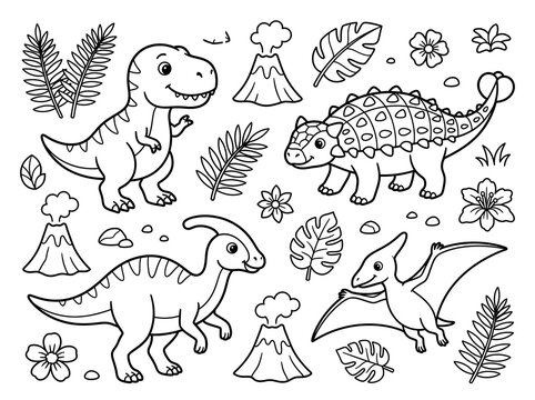 Cute prehistoric dinosaurs coloring page for kids with t-rex, ankylosaurus, and parasaurolophus