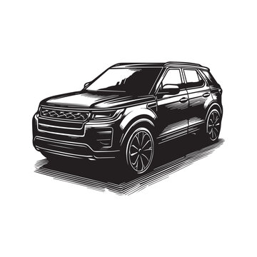 Black and white vector illustration of a modern luxury SUV car.
