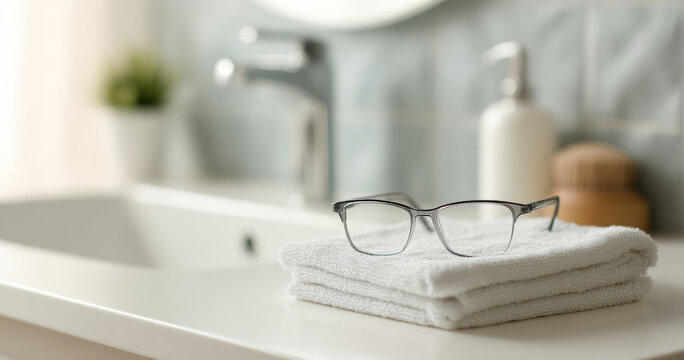 Eyeglasses on folded towels in bathroom