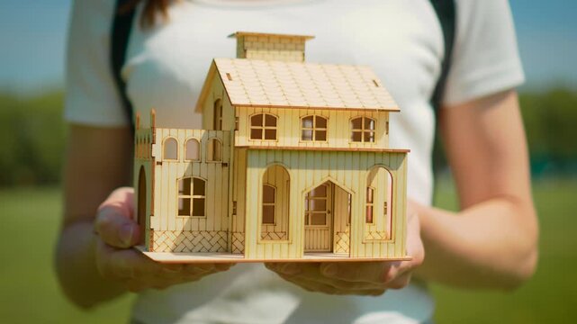 Female hands carrying miniature cottage outdoors. First home buyer and housing credit concept with tiny wooden property and relocation planning. Real estate market and family residence investment
