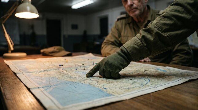 Commander's hand pointing at large tactical map on wooden planning table, military strategy