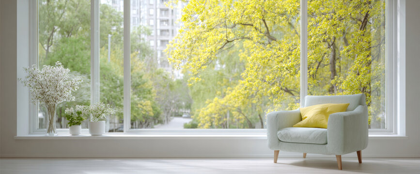 Cozy armchair by large window with plants