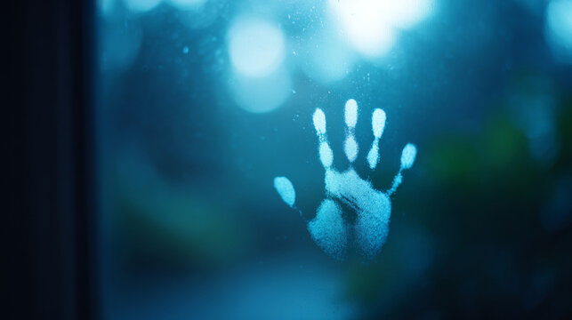Handprint on foggy glass window