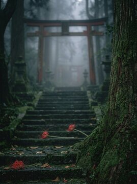 Mysterious stone stairs leading to a traditional Japanese torii gate in a misty dark forest