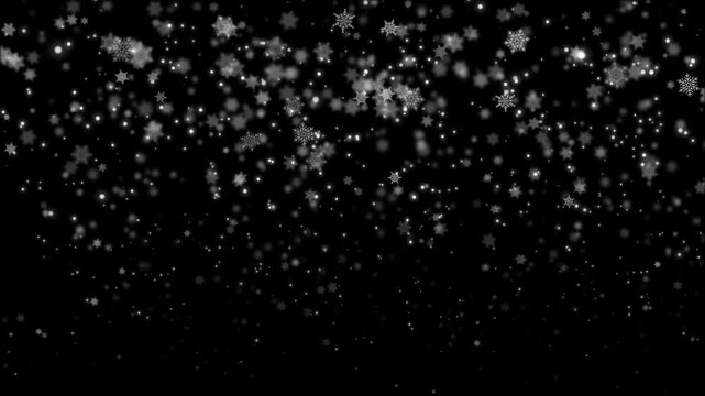 Isolated falling snowflakes with a clean alpha channel on transparent background, realistic motion, exported as Apple ProRes 4K 30fps footage, ready to key into holiday video projects.