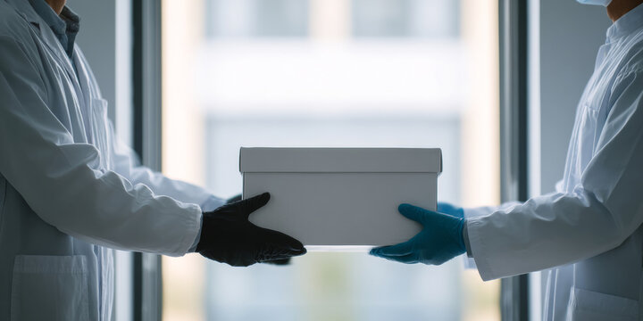 Scientists exchanging white storage box