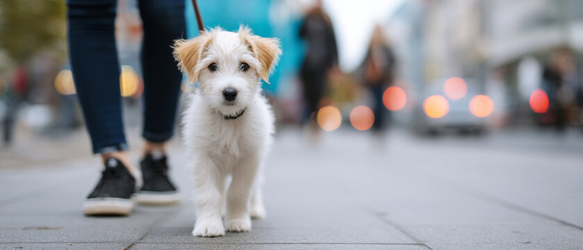 Small white puppy walking on city street
