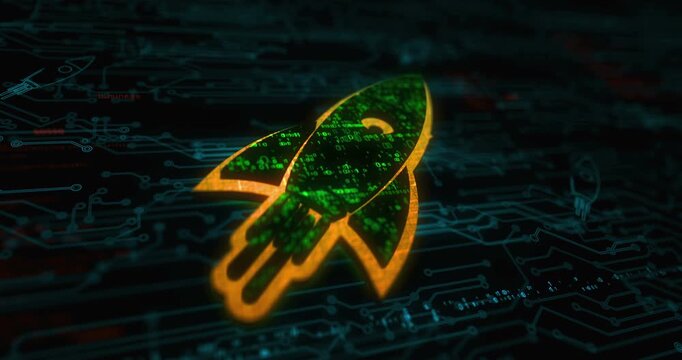 Startup business rocket launch colored symbol concept. Network, cyber technology and computer background abstract 3d animation.