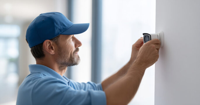 Technician Installing Security Camera Indoors