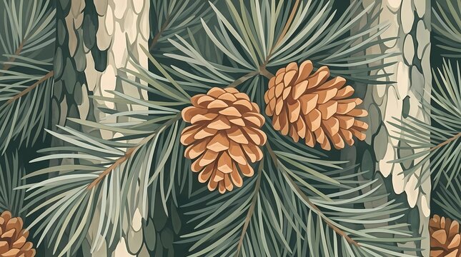 Vintage botanical illustration background of pine tree branches and pinecones
