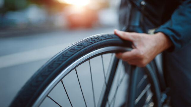 Close-up of person holding bicycle wheel