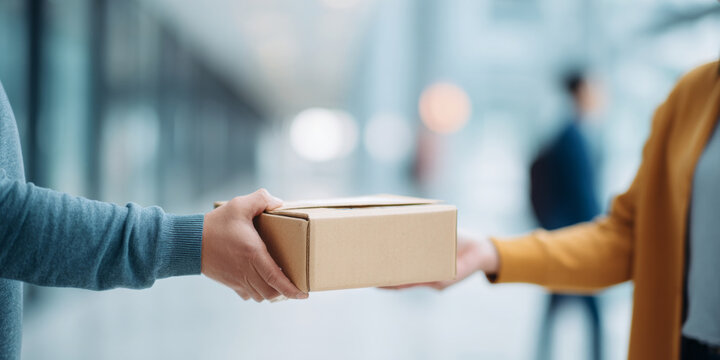 Person handing over cardboard package indoors