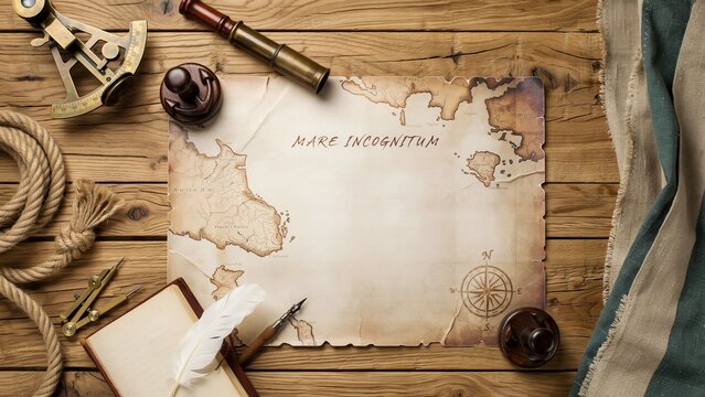 Old vintage treasure map with navigation tools on wood