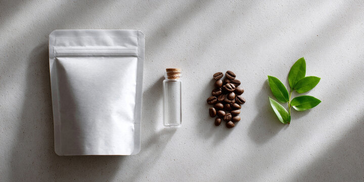 Coffee beans with packaging and green leaves