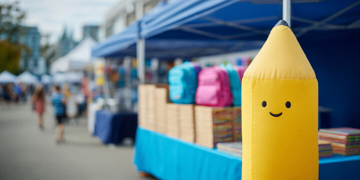 Yellow pencil mascot at outdoor market