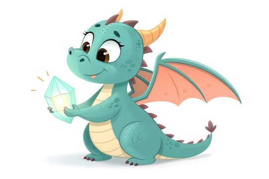 Cute green cartoon dragon waving happily