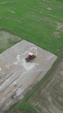 Vertical Aerial View of Indian Farmers Preparing Paddy Fields in Rural India