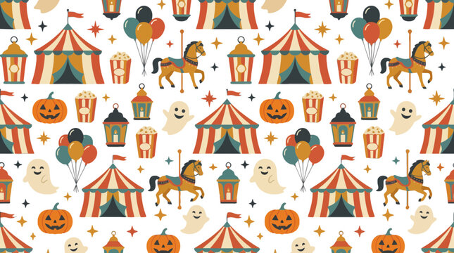 Halloween carnival seamless pattern with circus tents and ghosts
