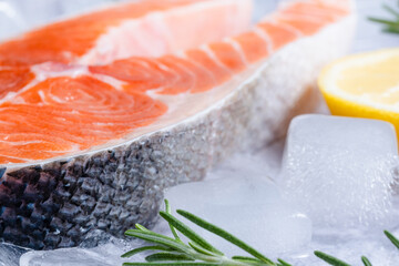 Close-up salmon fillet sits on ice surrounded by lemon slices and rosemary sprigs, the focus is shifted to the fish scales. Healthy nutrition and fish market presentation. side view © HalynaRom